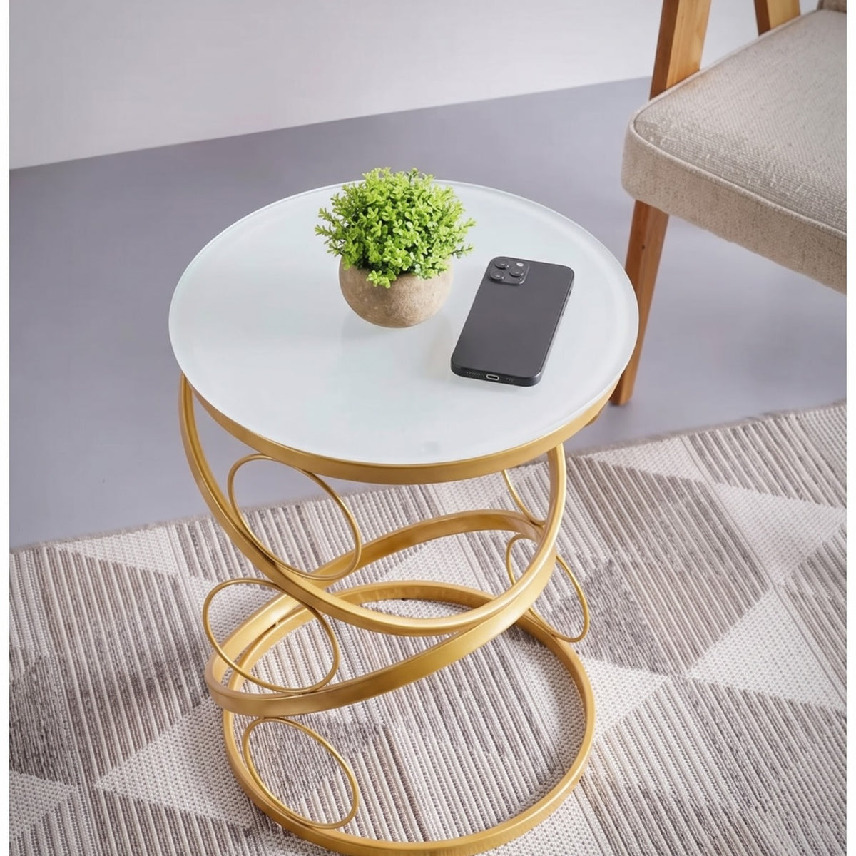 Luxury Golden Spiral Side Table with Round Glass Top – Modern Sculptural Accent Table