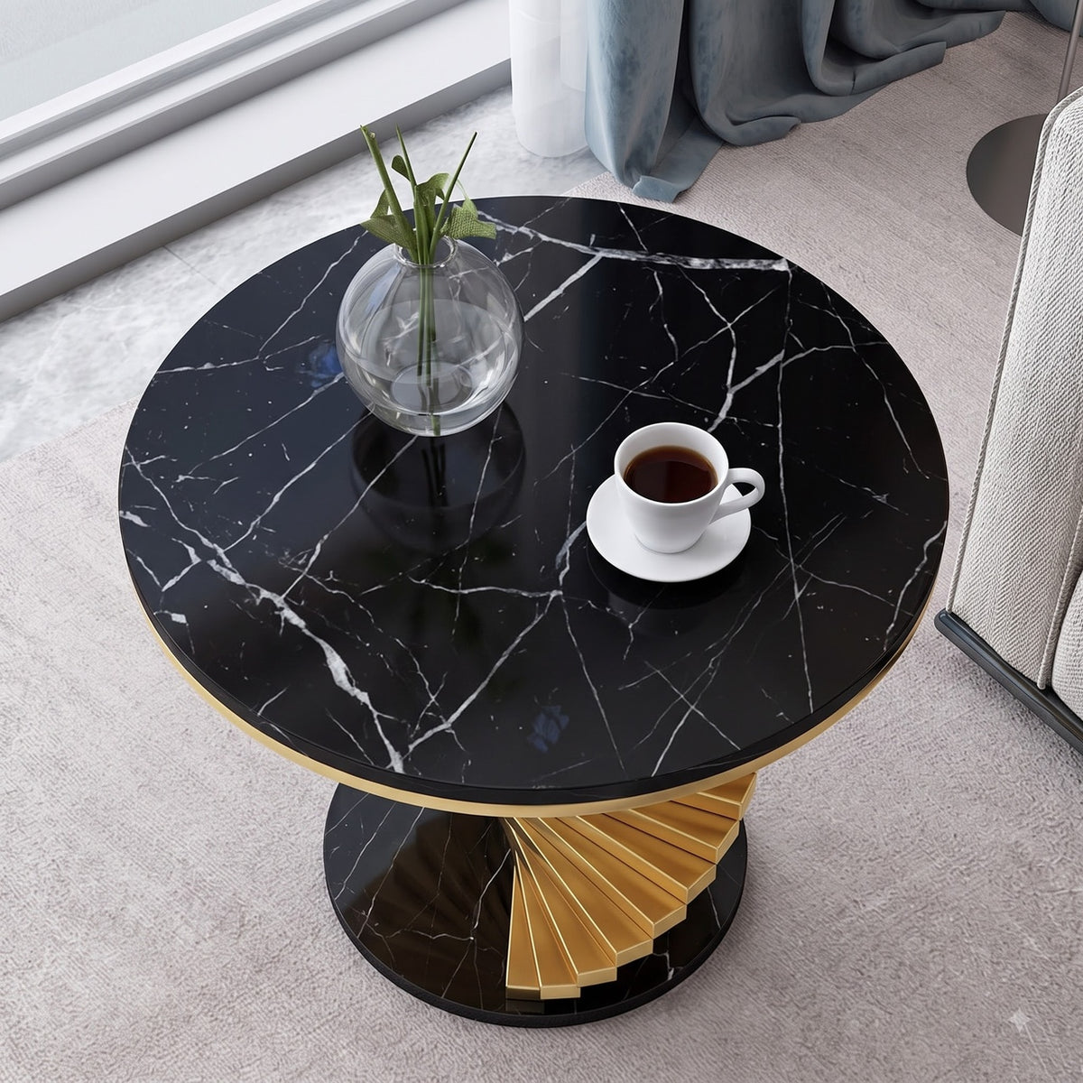 Luxury Black Marble & Gold Twisted Pedestal Side Table – Modern Designer Accent Table