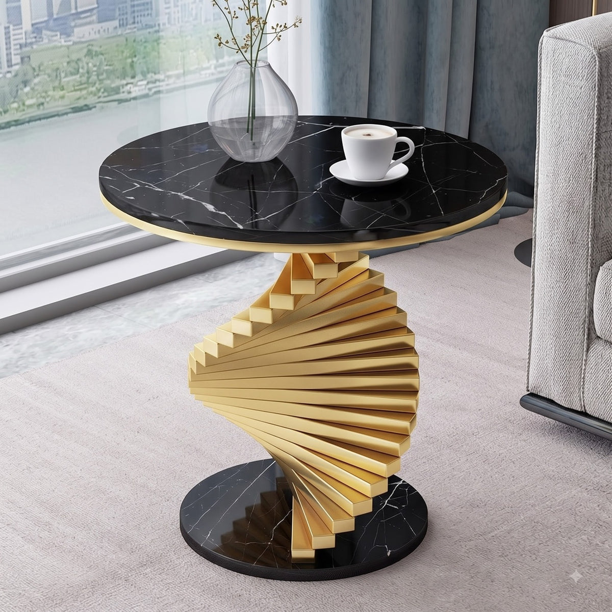 Luxury Black Marble & Gold Twisted Pedestal Side Table – Modern Designer Accent Table