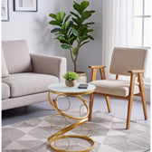 Luxury Golden Spiral Side Table with Round Glass Top – Modern Sculptural Accent Table