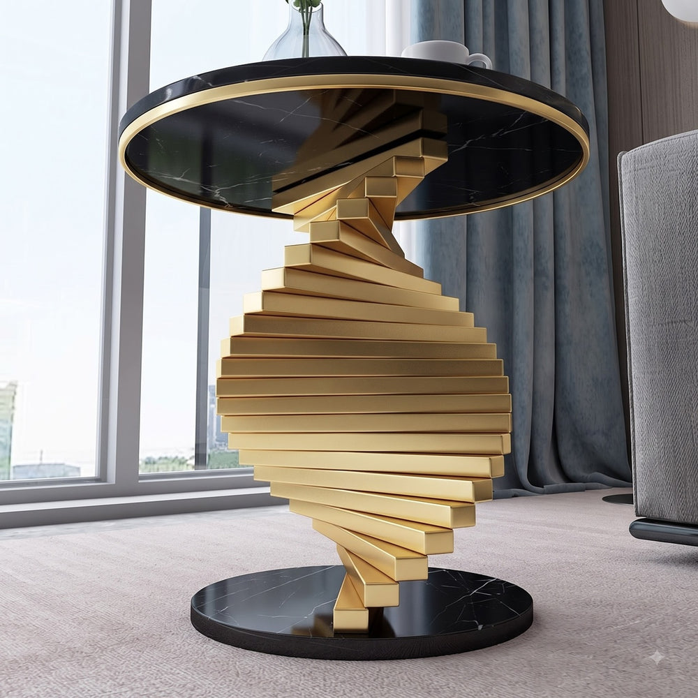 Luxury Black Marble & Gold Twisted Pedestal Side Table – Modern Designer Accent Table