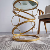 Luxury Golden Spiral Side Table with Round Glass Top – Modern Sculptural Accent Table