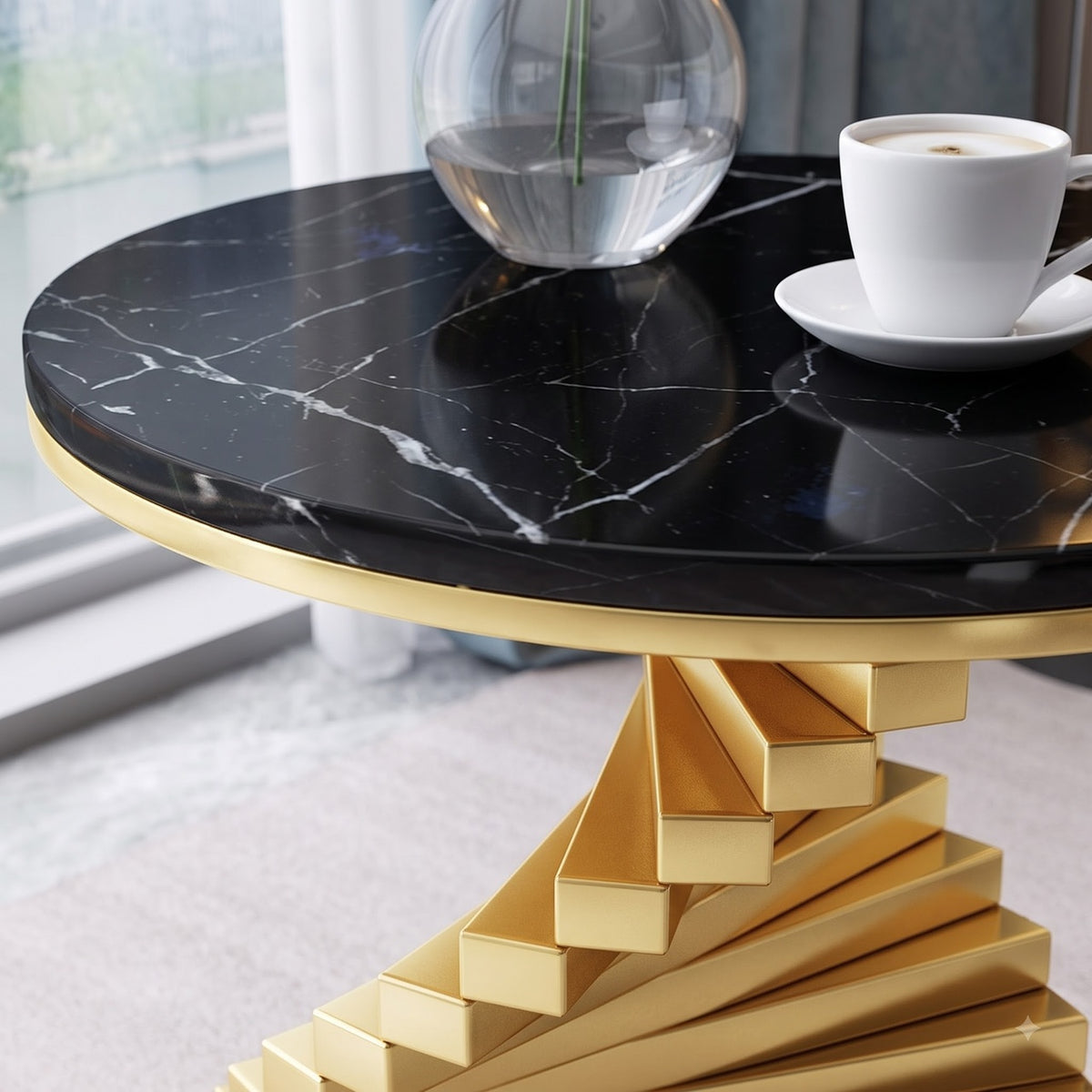 Luxury Black Marble & Gold Twisted Pedestal Side Table – Modern Designer Accent Table