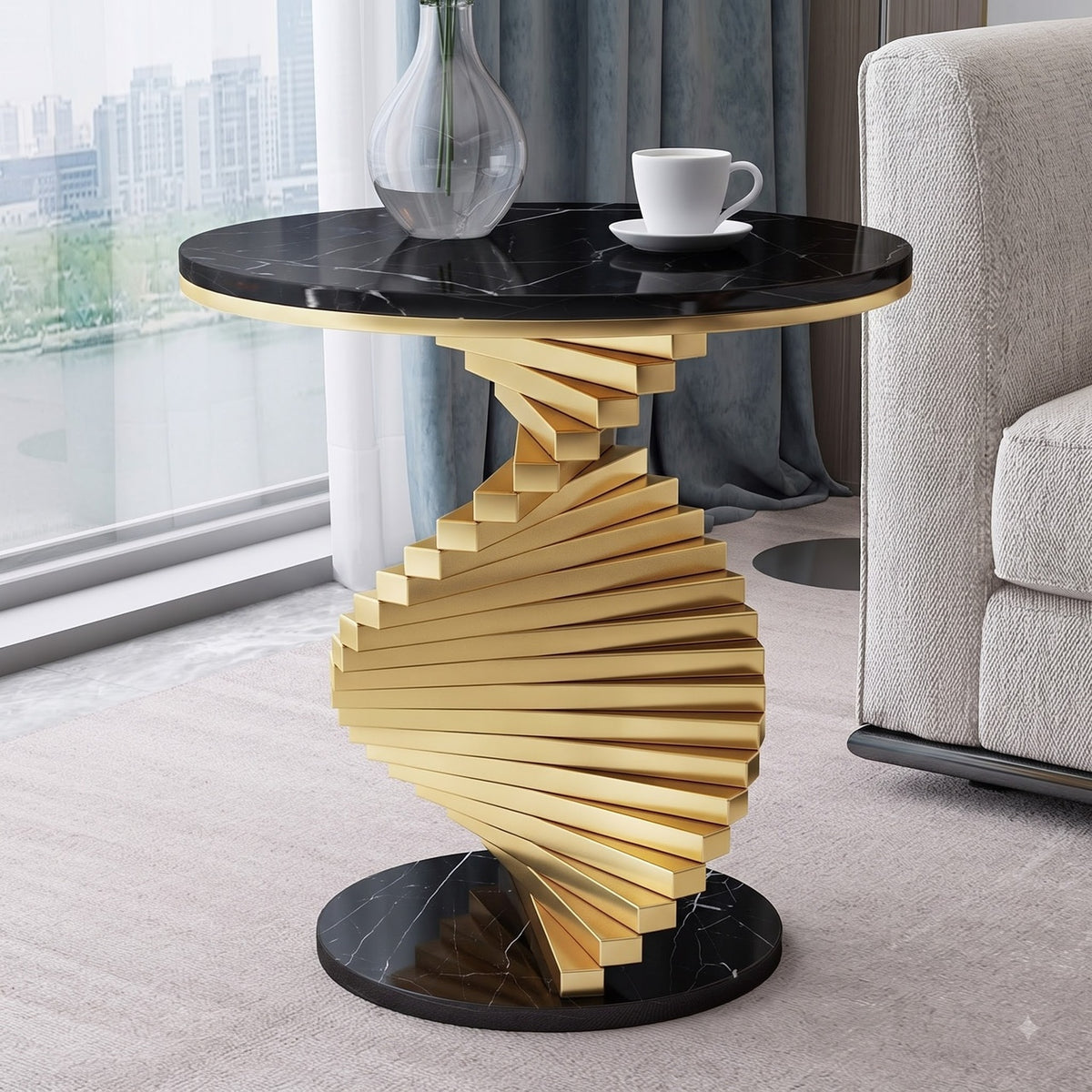 Luxury Black Marble & Gold Twisted Pedestal Side Table – Modern Designer Accent Table